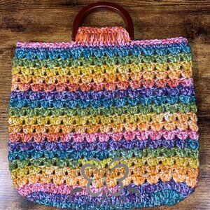 Handmade Crocheted Multicolored Lined Handbag with Wooden Handles